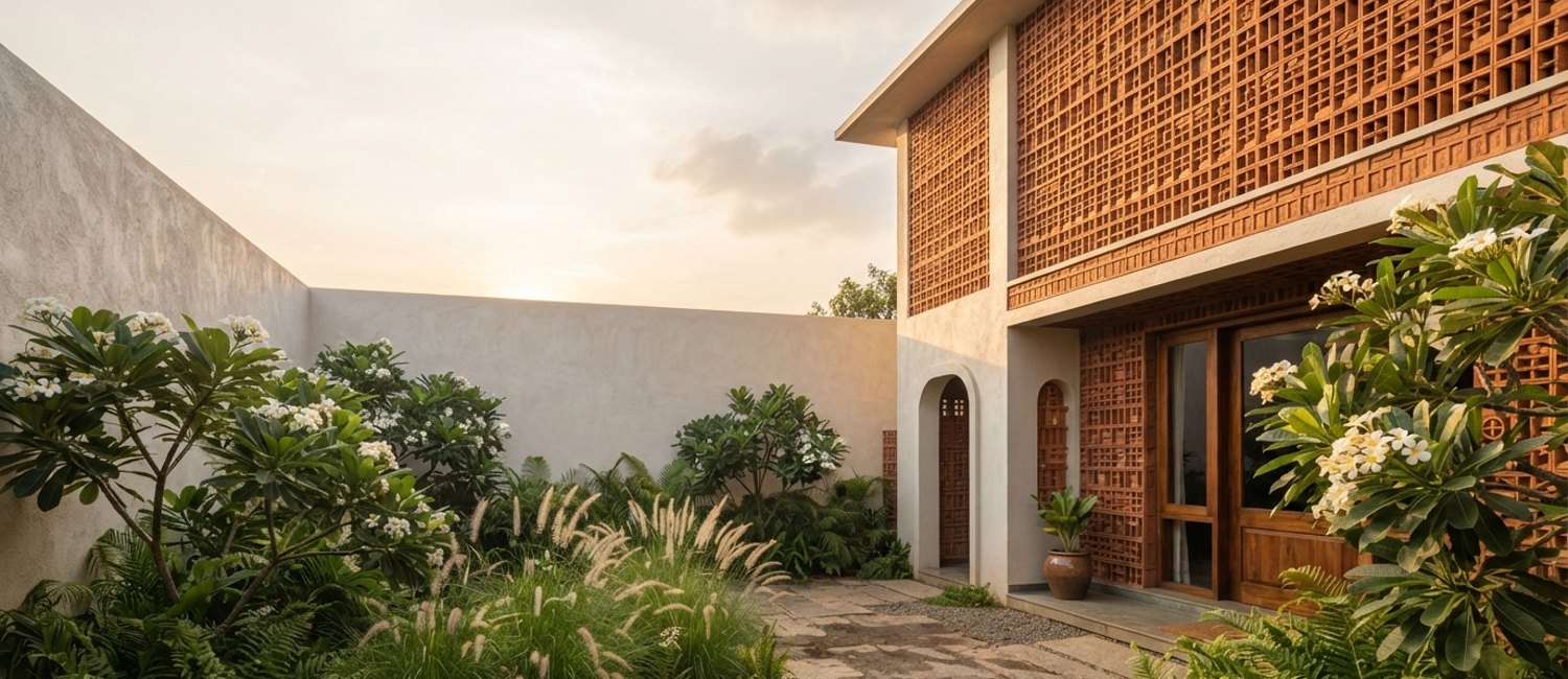 A contemporary Indian home in Bangalore designed by Aalekh, with a carved jaali screen at golden hour